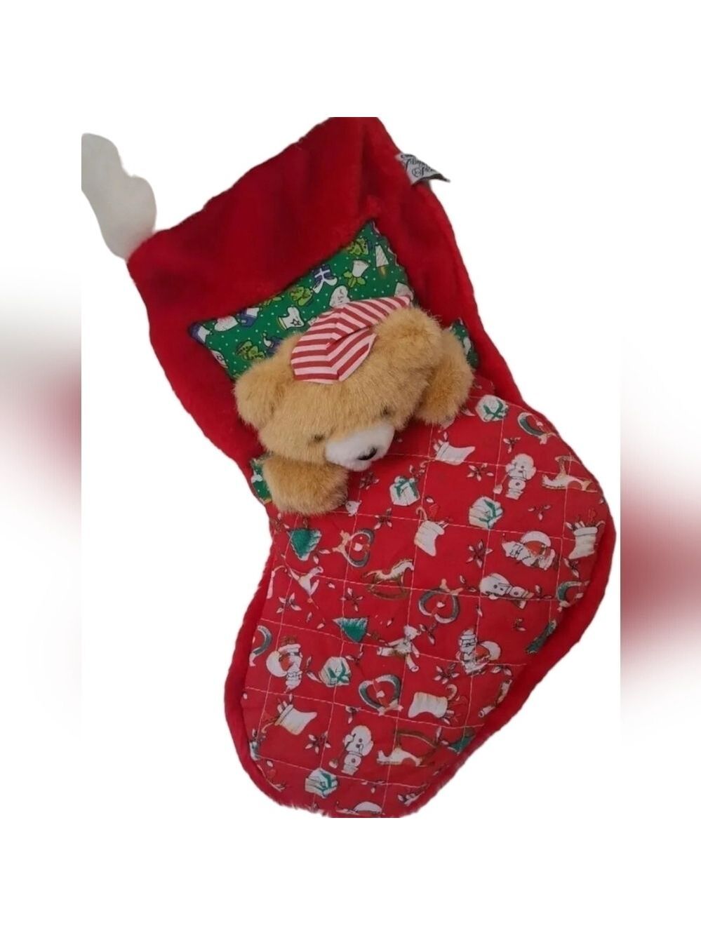 VTG CHRISHA CHRISTMAS STOCKING plush teddy beddy bear nightcap quilted 90's